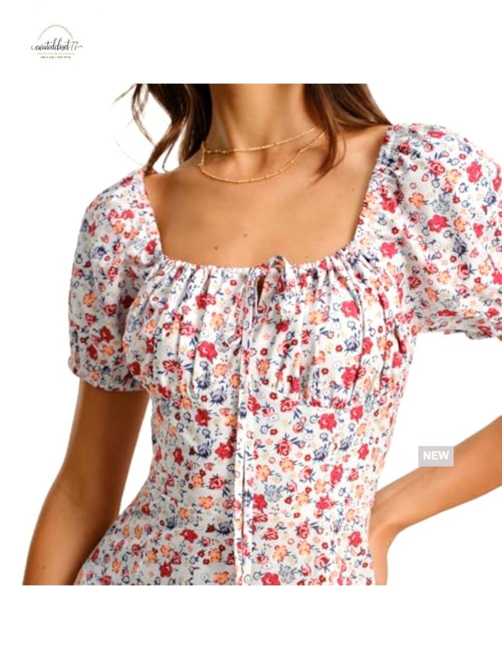 Summer Midi Dress Adjustable Bust Square Neck Floral A-Line - Picture 2 of 7